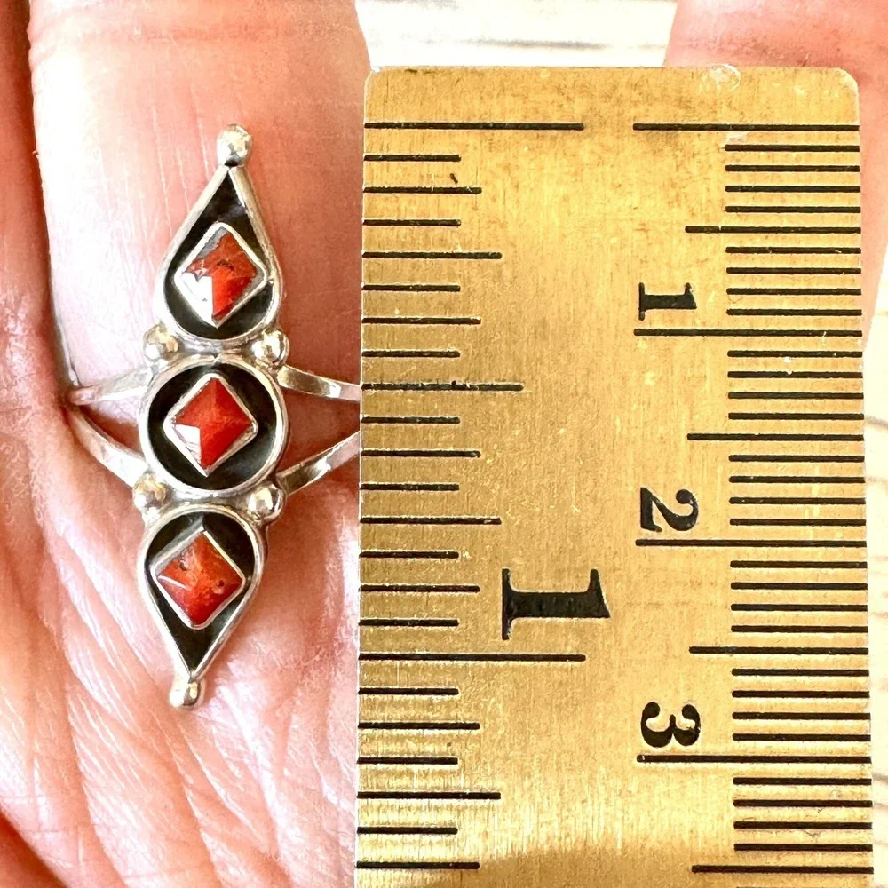 Native American Red Coral Ring Sz 7.5 Sterling FC‎ Fred Cachini Zuni Long